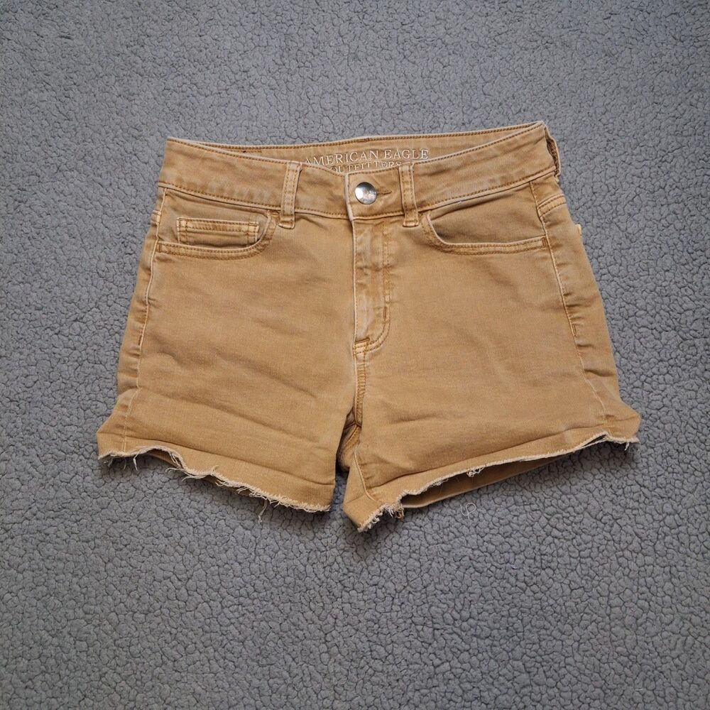 American Eagle Hi Rise Shortie Womens 4 Cut Off Gold Denim Shorts Super Stretch